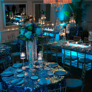 blue luxury event dining setup by harmony rental.